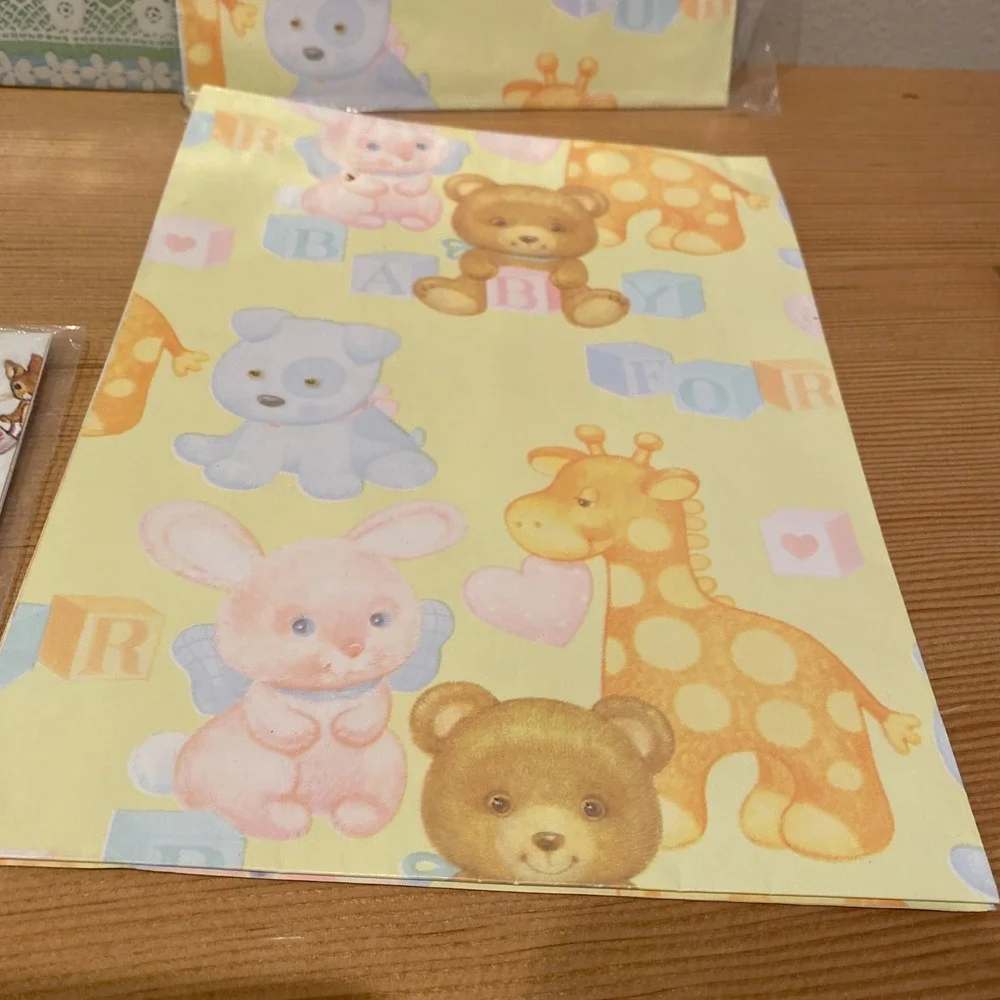 Vintage‎ Gift Wrap Lot Sheet Babies Baby Shower Bunnies Pleasant Thoughts